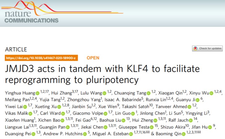 Nature Communications | 秦宝明实验室揭示H3K27me3去甲基化酶JMJD3与KLF4在体细胞重编程中协同调控转录的新机制